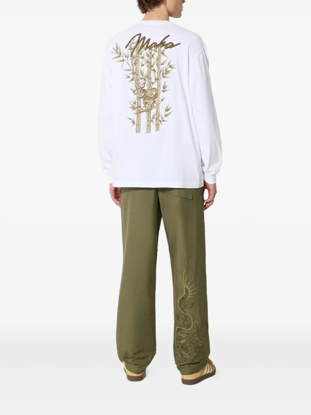 Maharishi Dragon Bamboo T-shirt met borduurwerk en lange mouwen Wit
