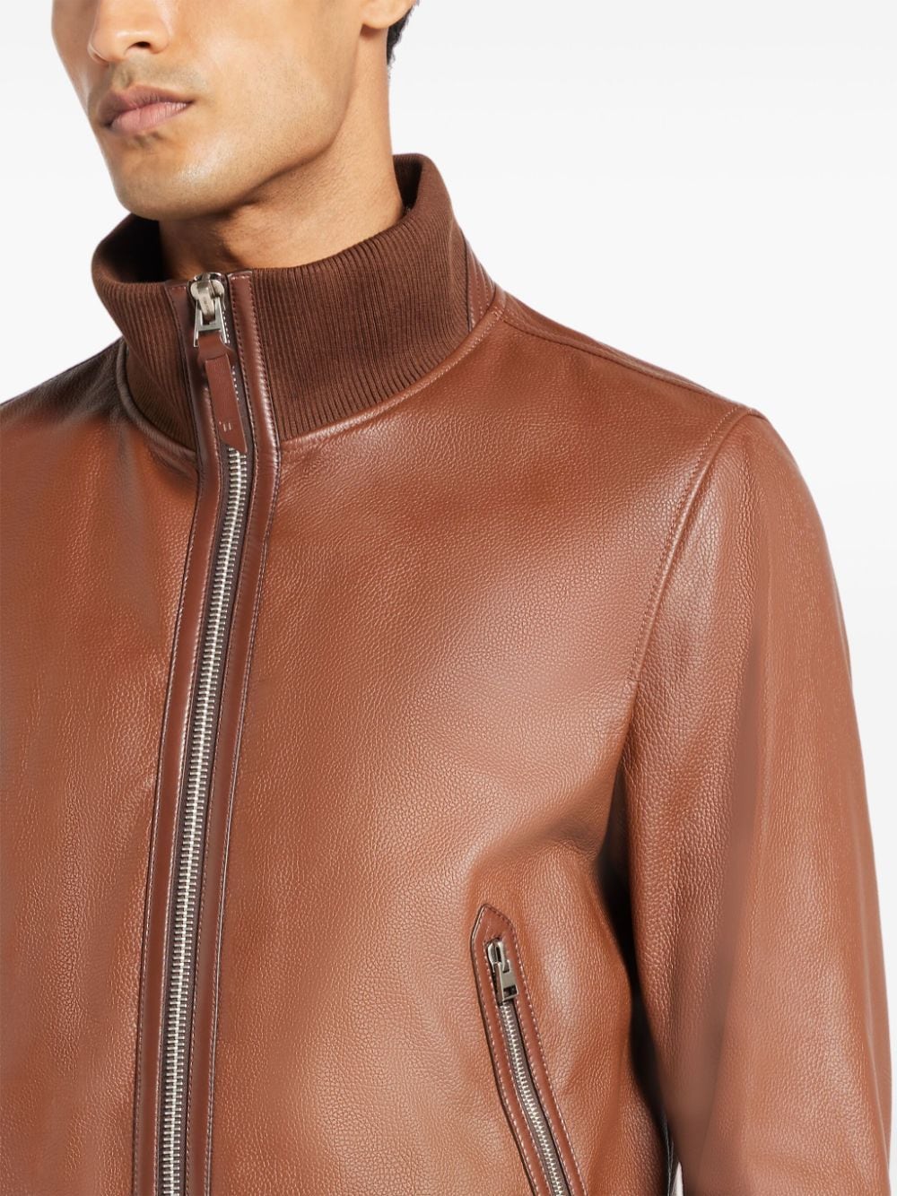 Shop Tom Ford Ribbed-edge Leather Bomber Jacket In Braun