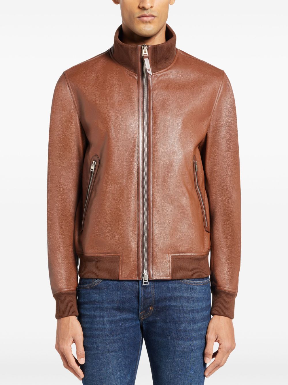 Shop Tom Ford Ribbed-edge Leather Bomber Jacket In Braun