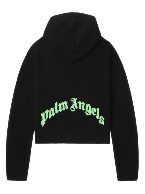 Palm Angels Curved Logo Knitted Hoodie | Black | FARFETCH