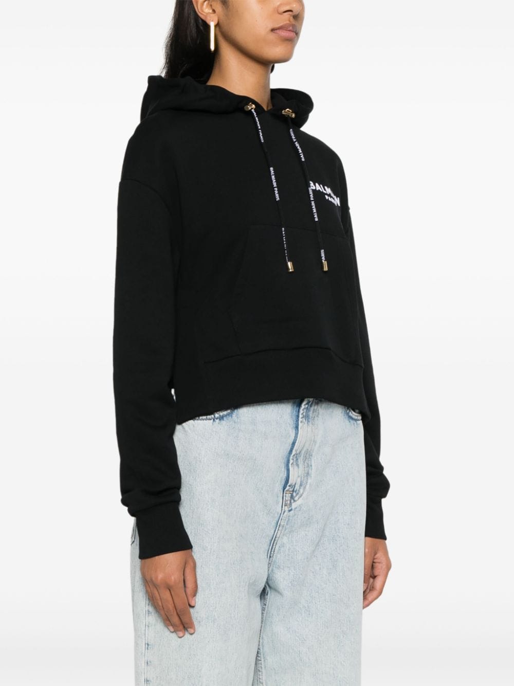 Shop Balmain Flocked-logo Cotton Hoodie In Black