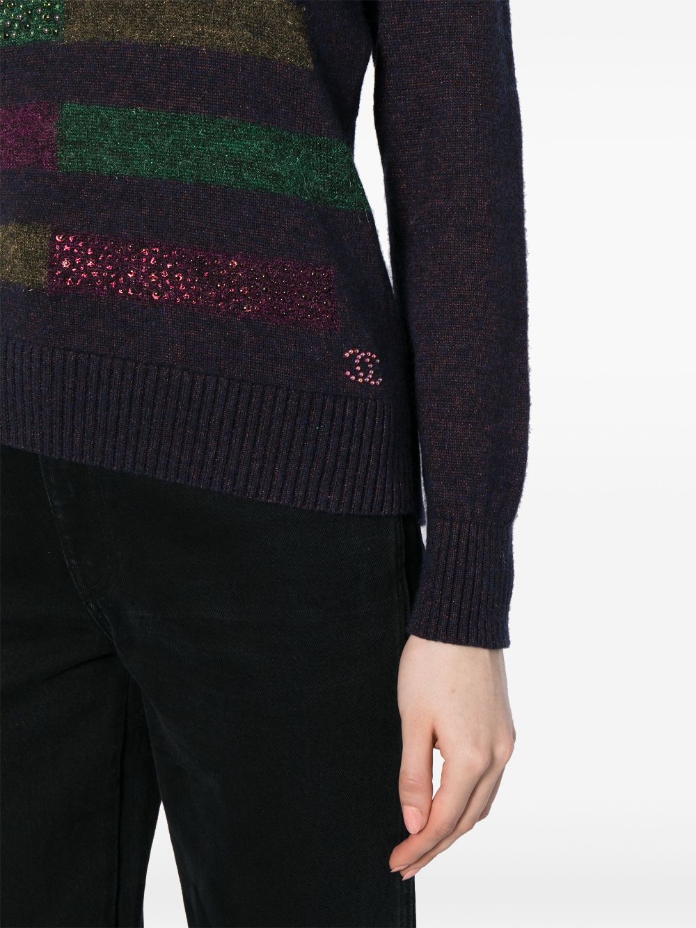 CHANEL crystal-embellished striped jumper Women