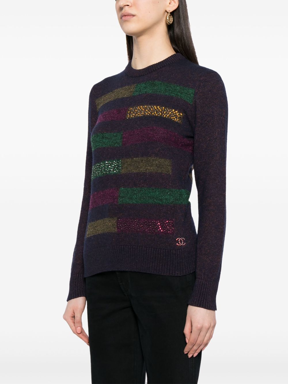 CHANEL crystal-embellished striped jumper Women