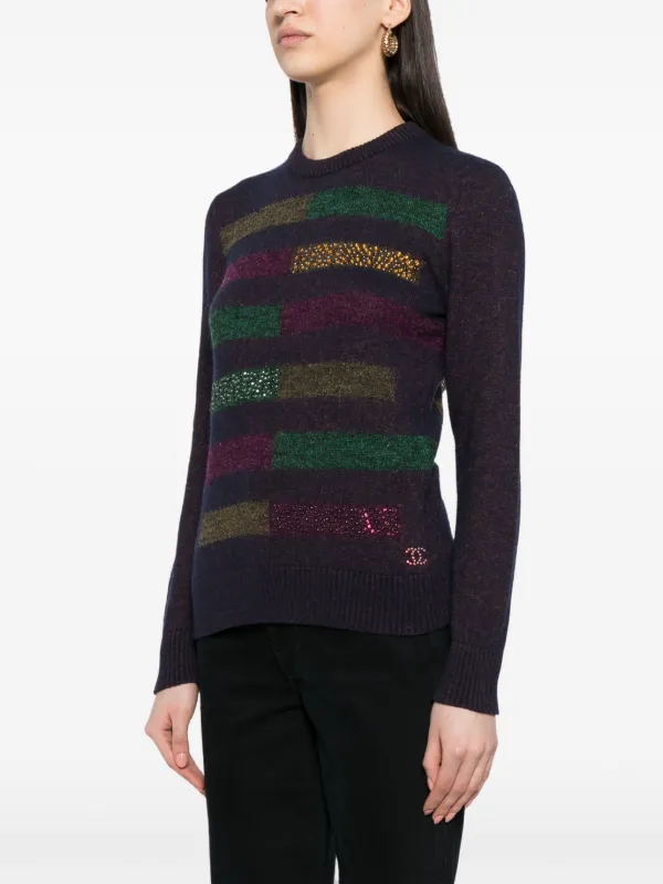 CHANEL Pre-Owned crystal-embellished Striped Jumper | Blue