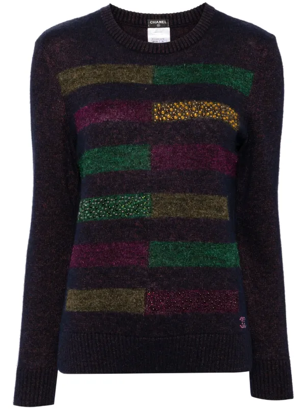 CHANEL Pre-Owned crystal-embellished Striped Jumper | Blue