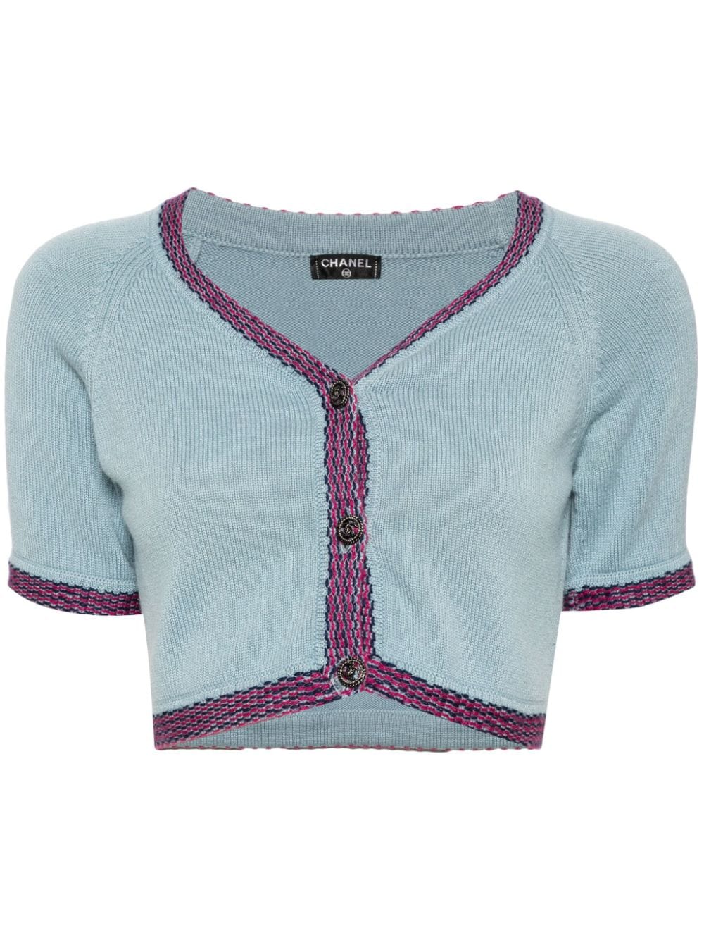 Pre-owned Chanel 2000s Cc-buttons Cashmere Cropped Cardigan In Blue