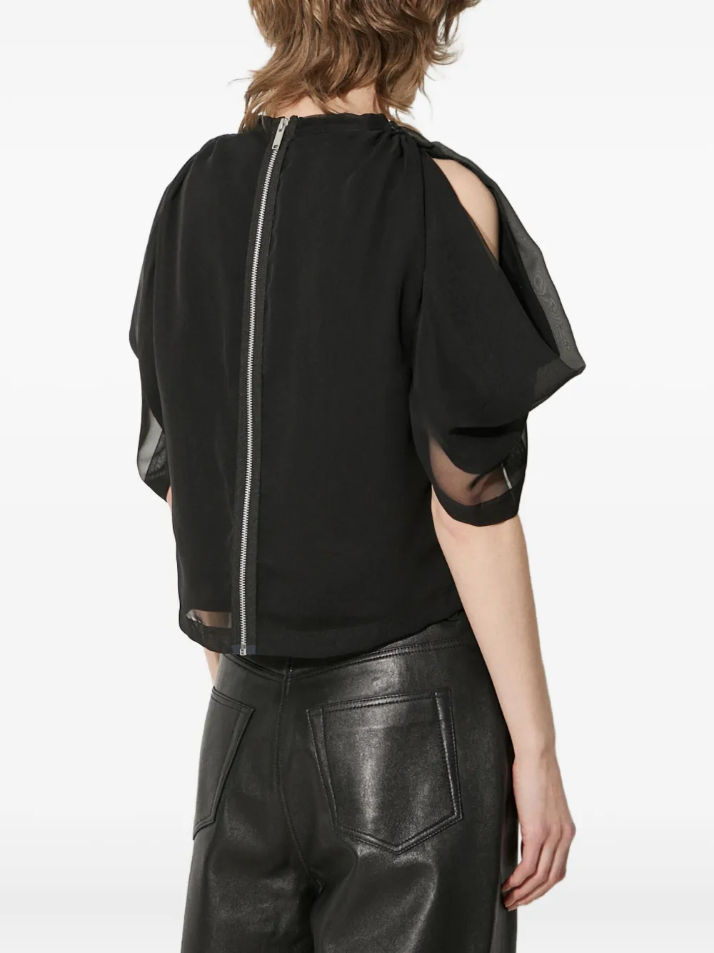 Undercover puff-sleeve sheer-panel top Zwart