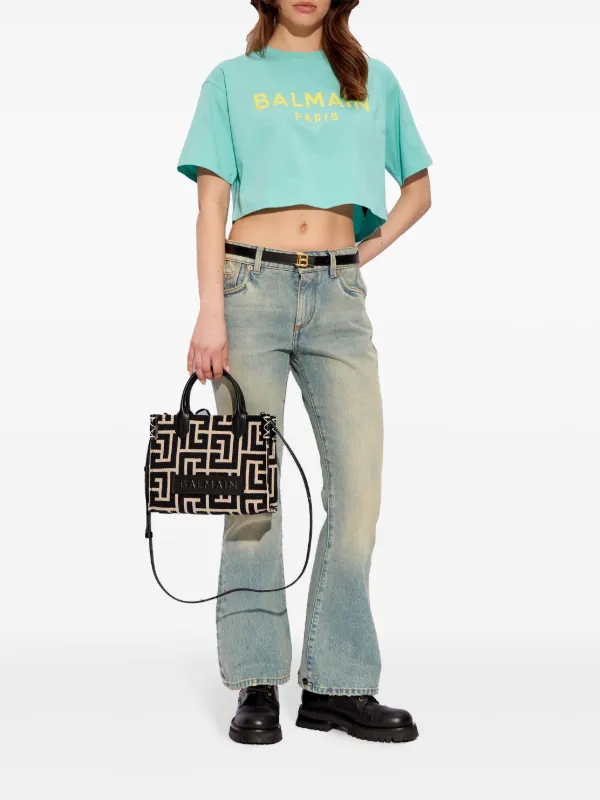 【送料&関税込】Balmain Logo Print Cropped T-shirt Balmain logo-print Cropped T-shirt | Blue | FARFETCH CA