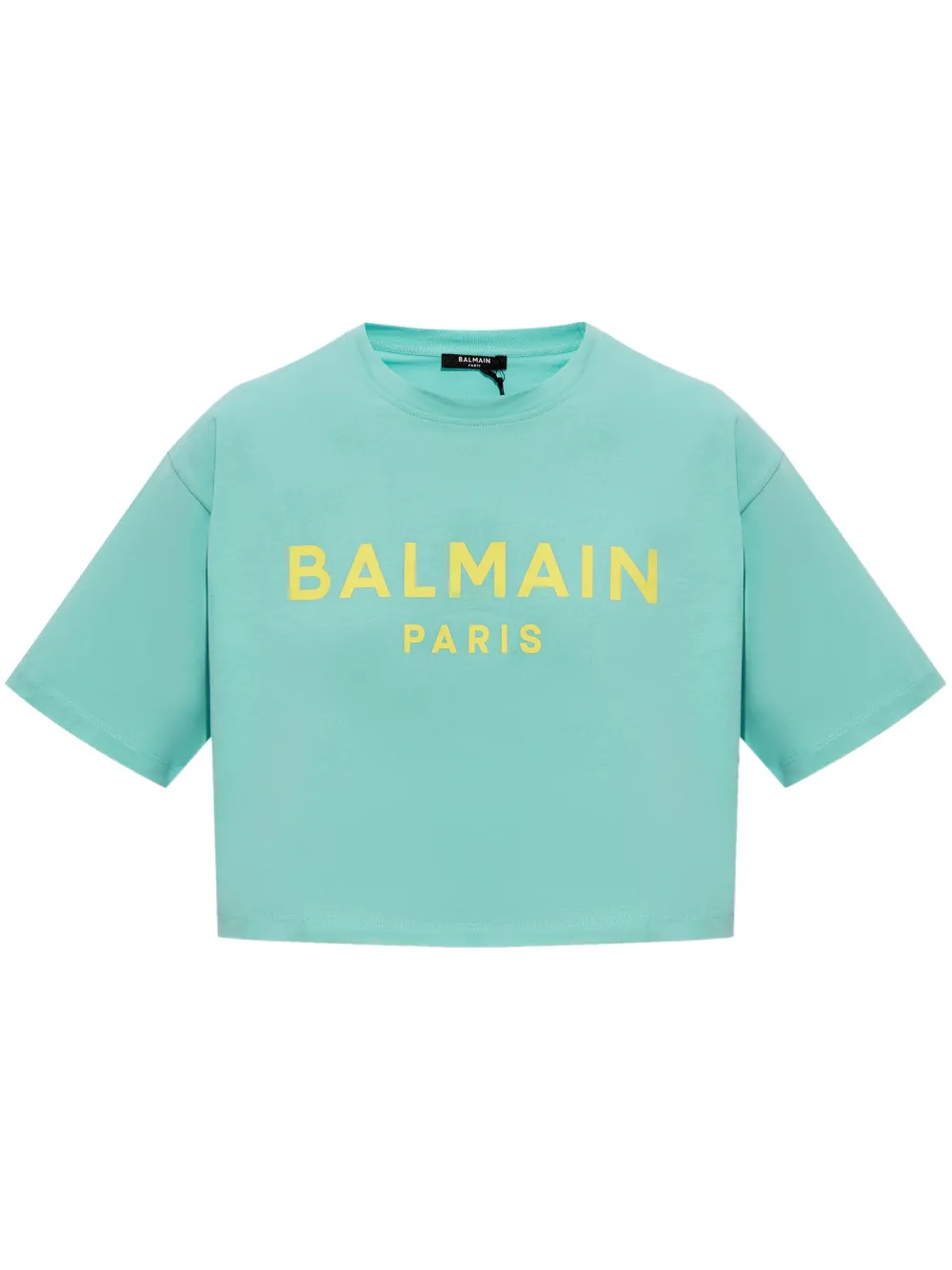 Shop Balmain Logo-print Cropped T-shirt In Blue