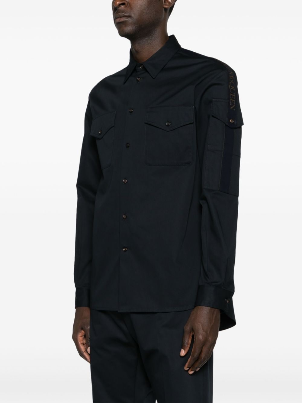 Shop Alexander Mcqueen Logo-trim Cotton Shirt In Blue