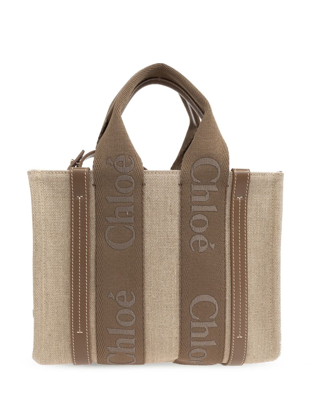 CHLOÉ SMALL WOODY LOGO-STRAP LINEN TOTE BAG 