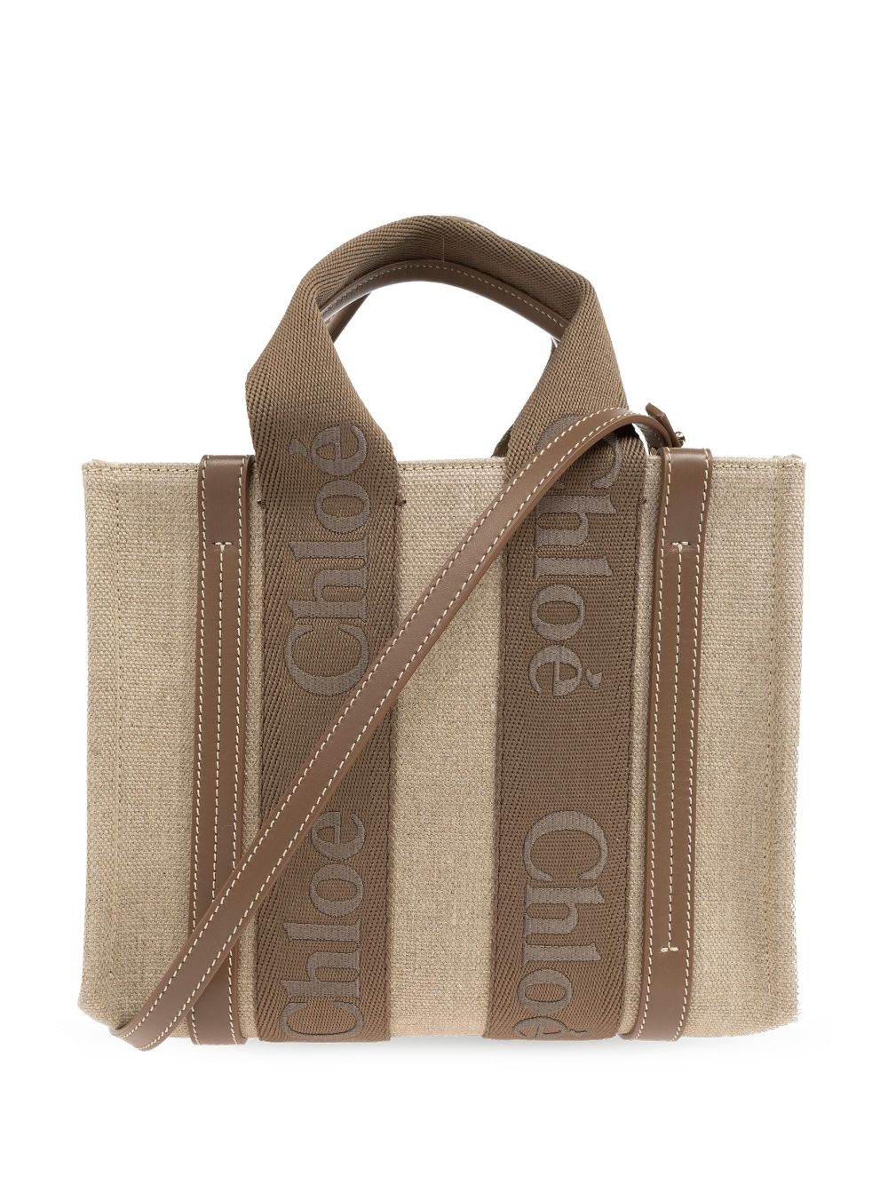 Chloé small Woody logo-strap linen tote bag