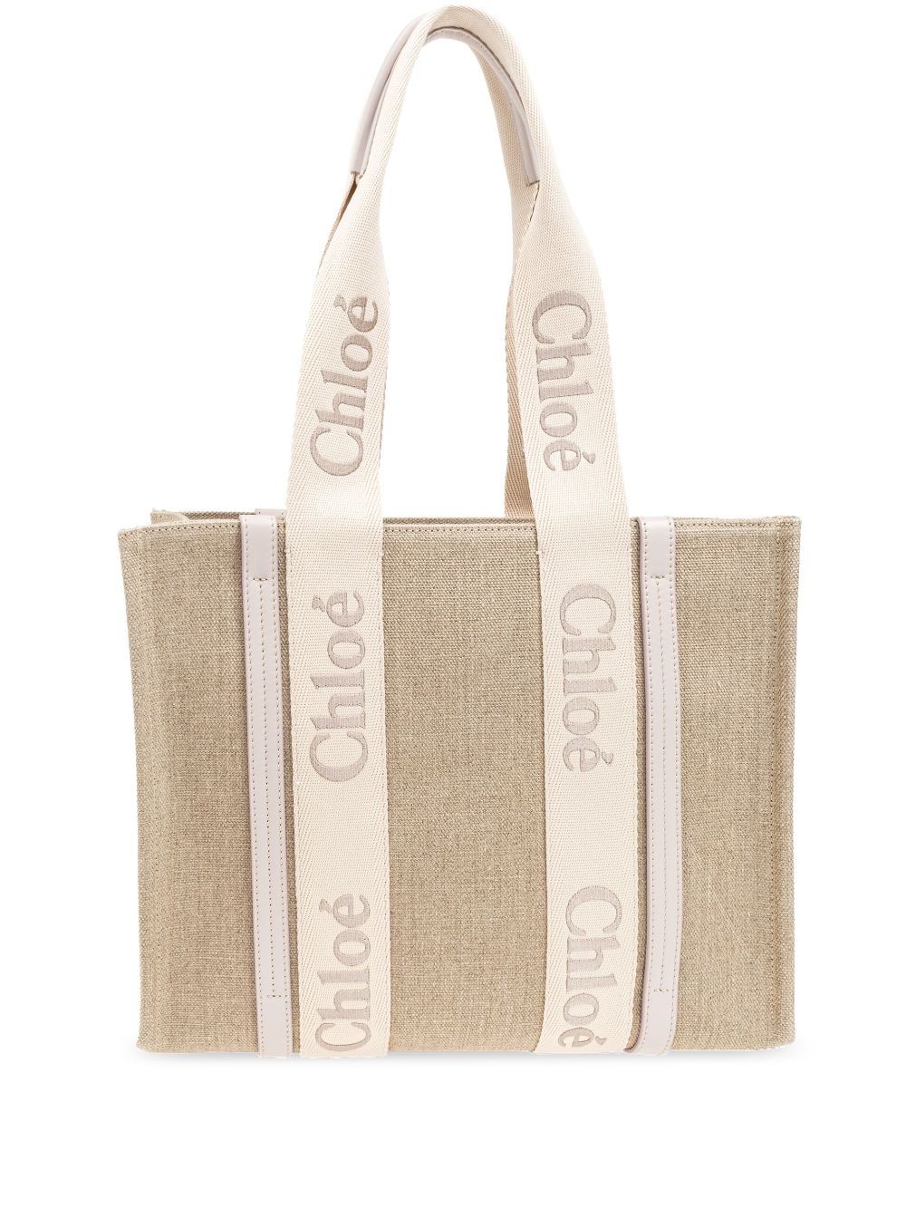 Chloé medium Woody logo-strap linen tote bag Beige