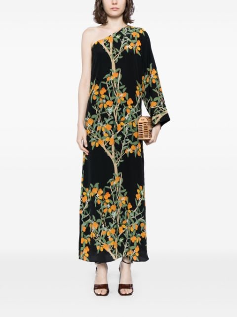 lemon print single-sleeved silk maxidress