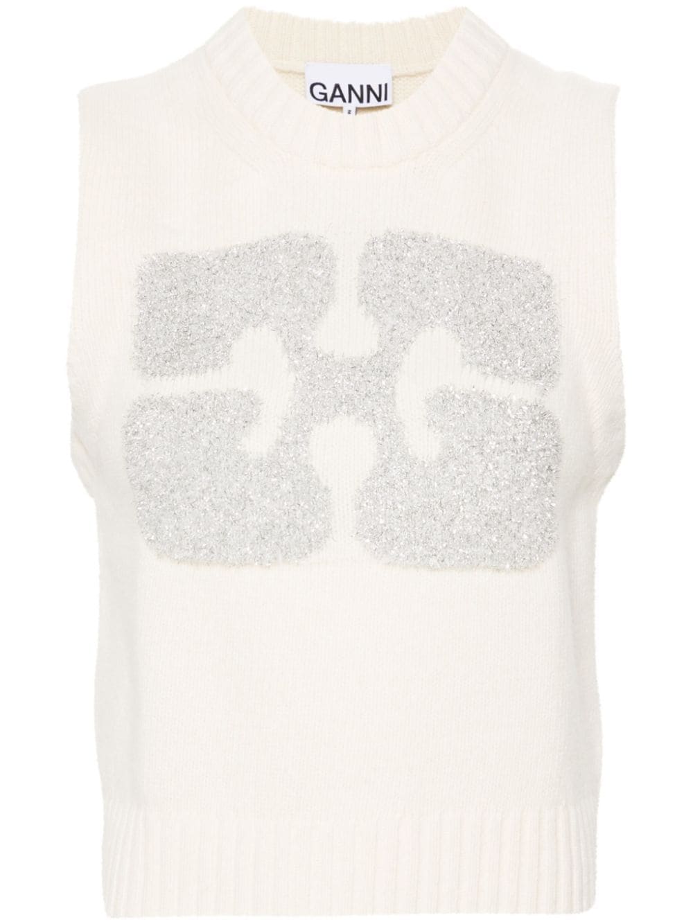 Ganni Glittery-logo Sleeveless Vest In White