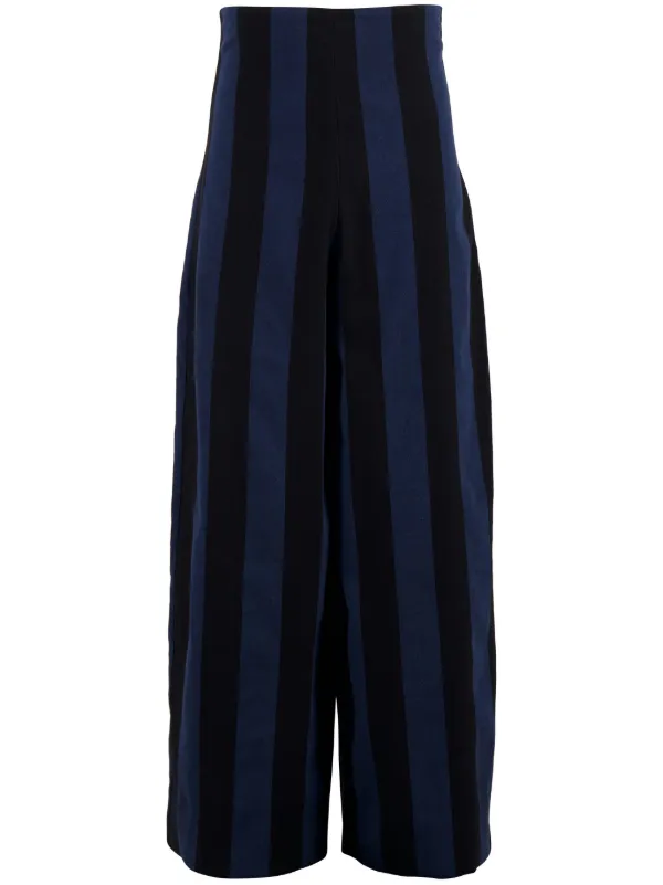 Marrakshi Life High-waisted Striped Cotton Trousers in Blue