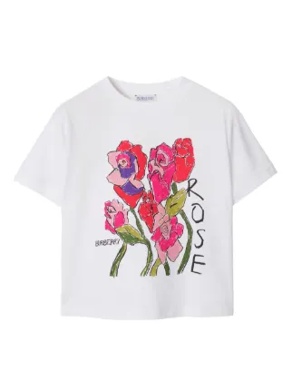 BURBERRY ローズ コットン Tシャツ Burberry Rose Flocked Cotton T-shirt | White | FARFETCH