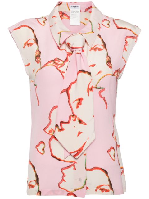 CHANEL 2000 Mademoiselle print necktie sleeveless shirt Women