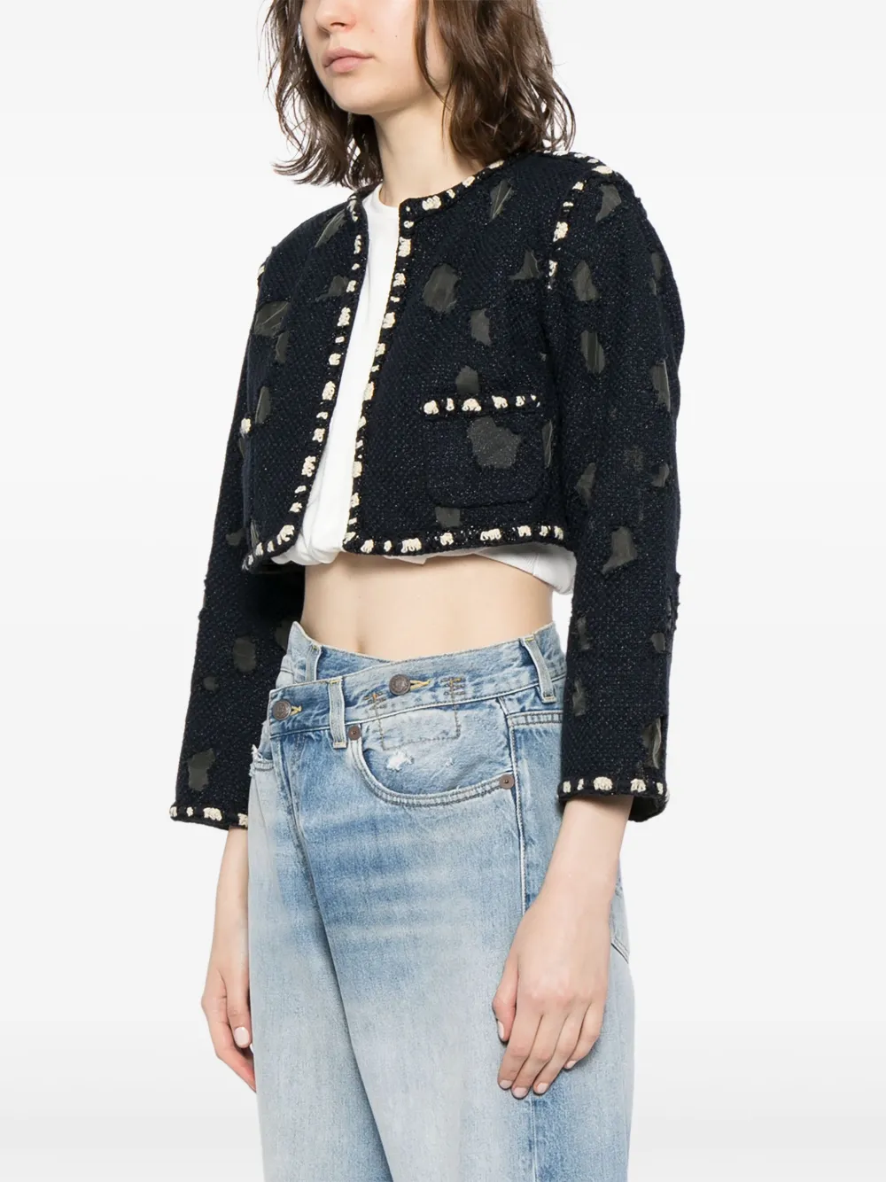 Pre-owned Chanel 2000s Distressed Detailing Cropped Jacket In Blue