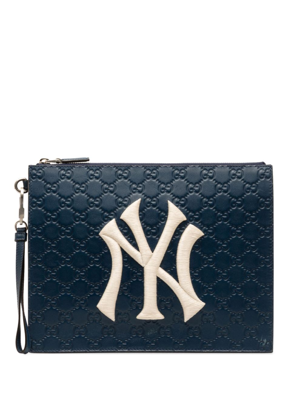 Pre-owned Gucci 2016-2022 Ssima Ny Yankees Zip Clutch Bag In Blue