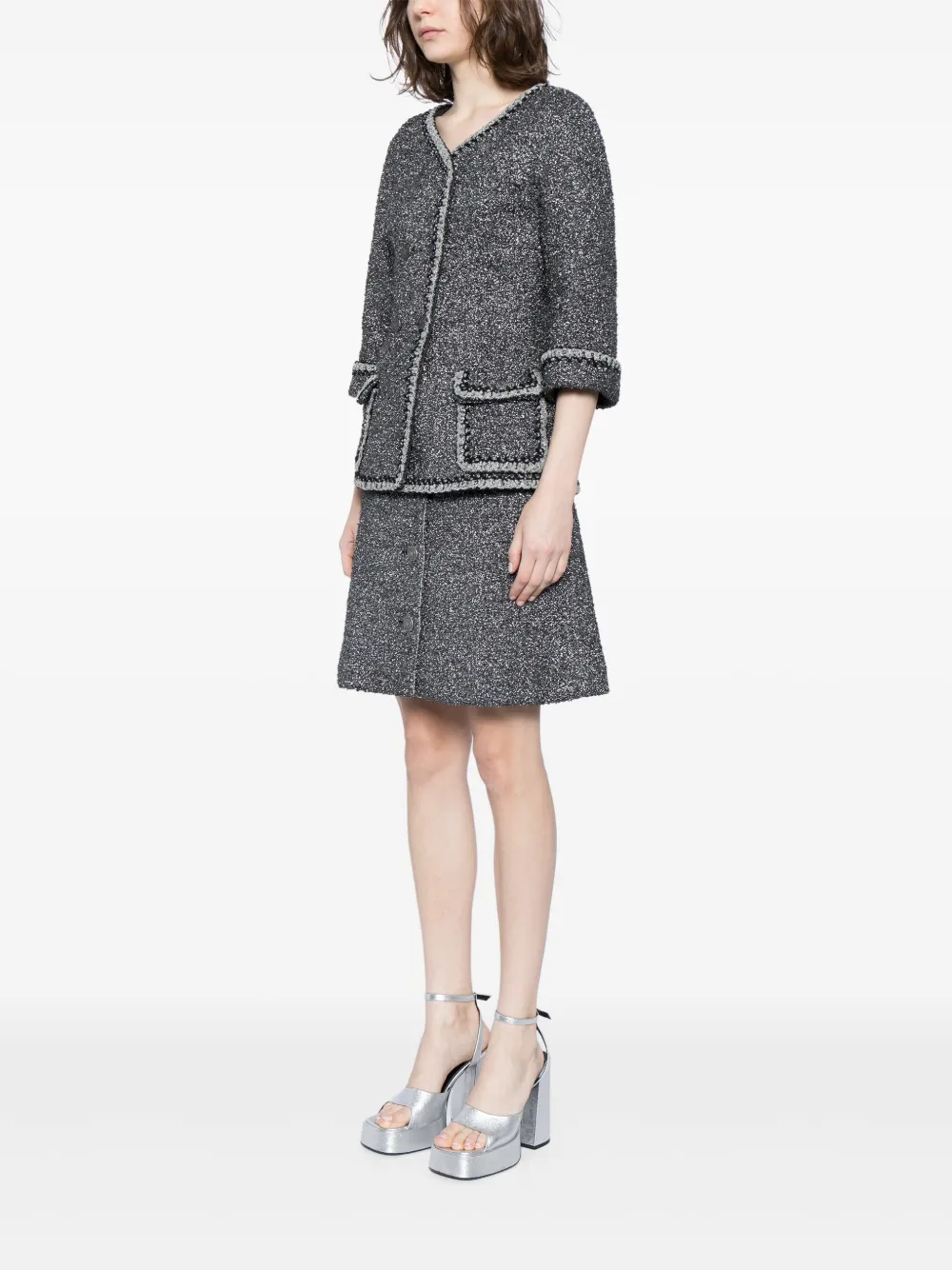 Pre-owned Chanel 2000s Tweed Skirt Two-piece Suit In Silver