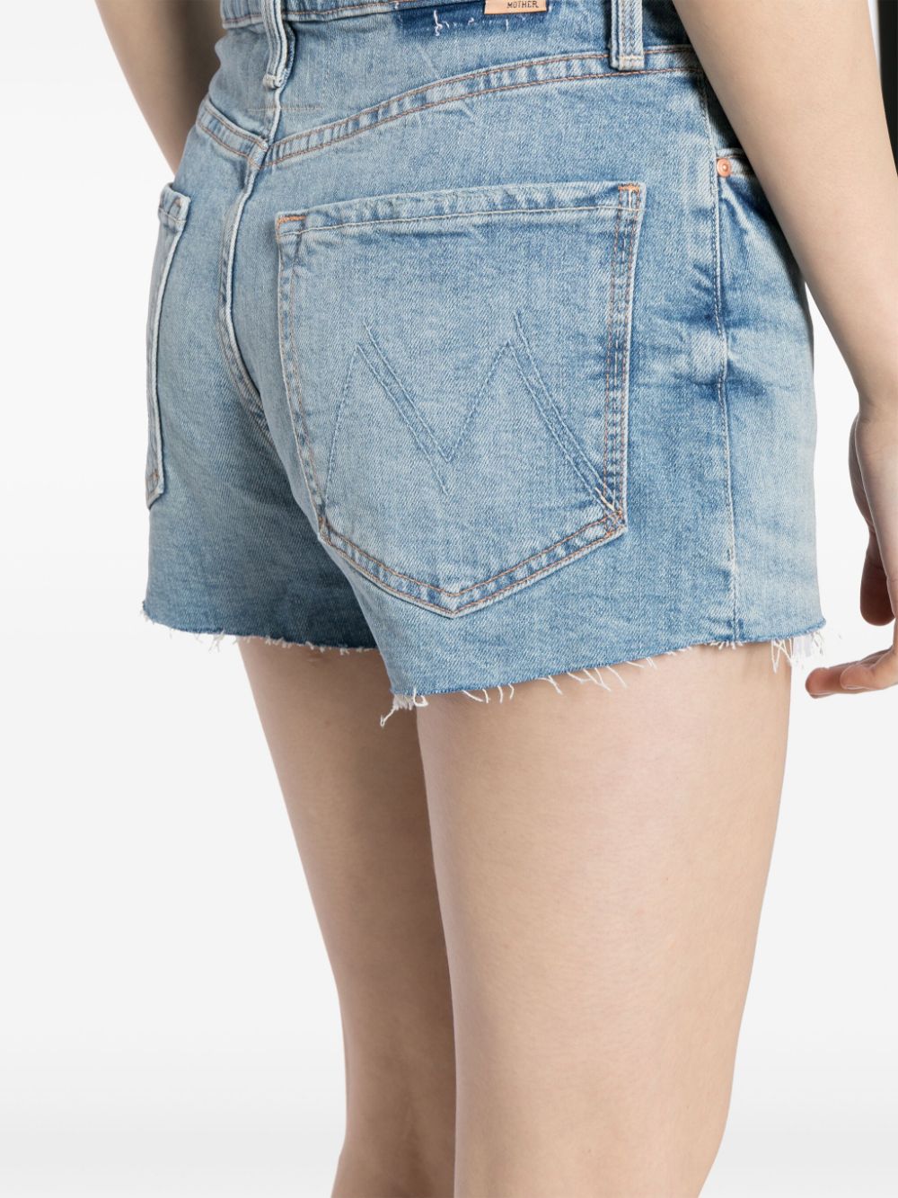 Shop Mother Tomcat Kick Raw-cut Denim Shorts In Blue