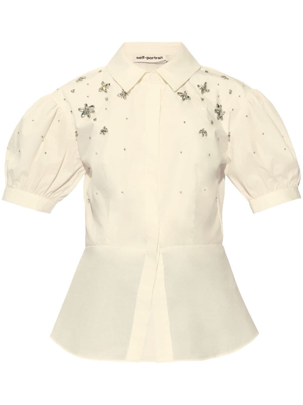 Self-portrait Crystal-embellished Puff-sleeve Shirt In White