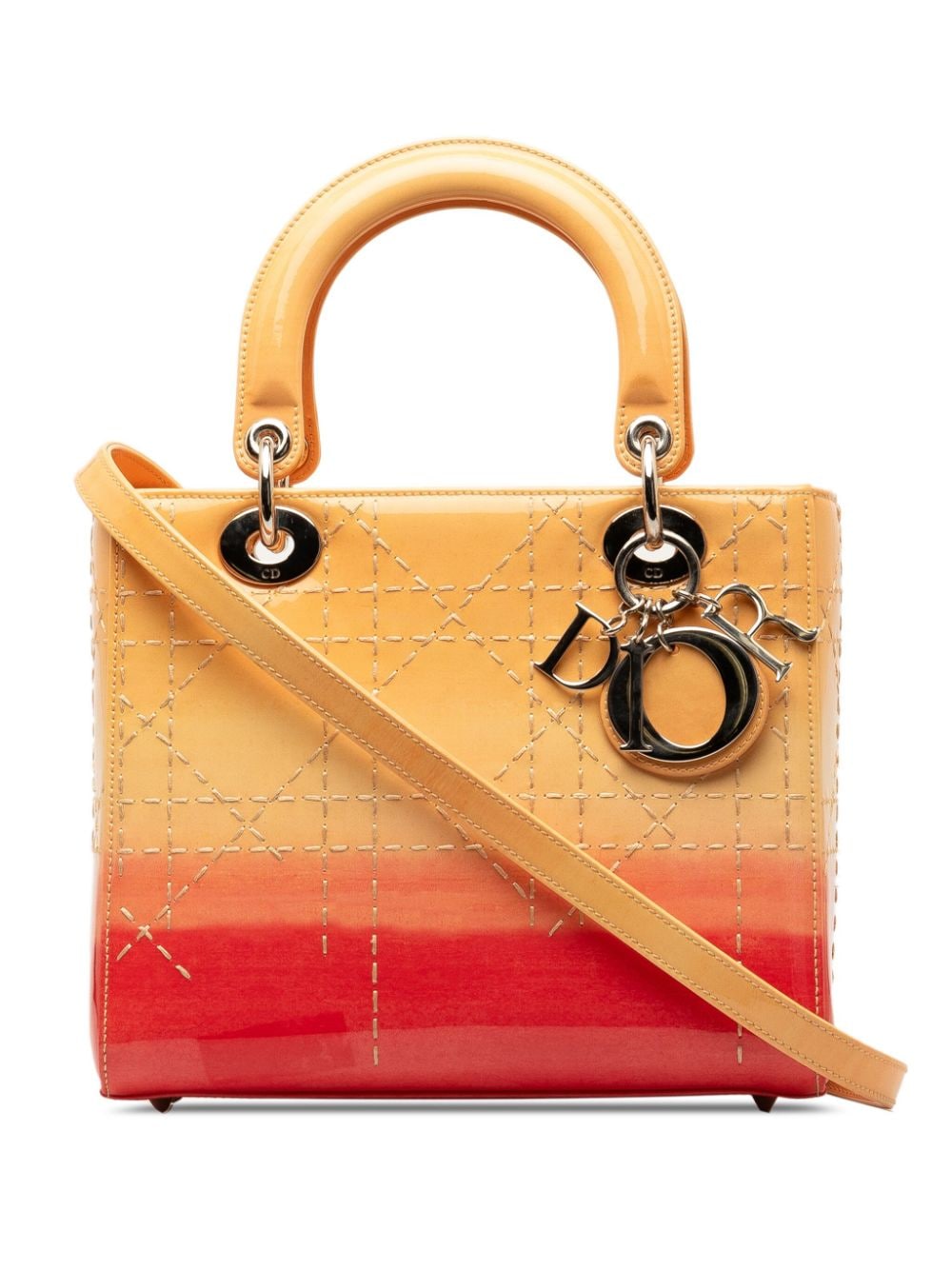 Pre-owned Dior 2015 Medium Patent Ombre Cannage Lady  Satchel In Orange
