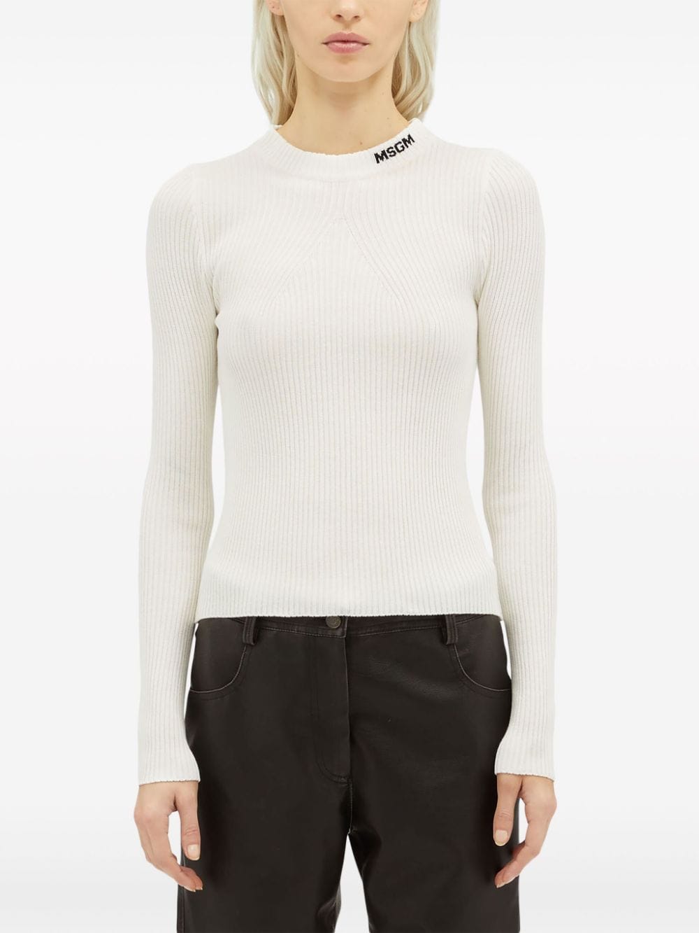 Shop Msgm Intarsia-knit Logo Top In White