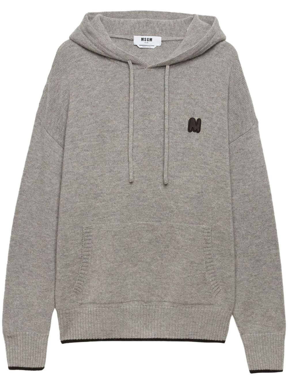 Shop Msgm Logo Patch Drawstring Hoodie In Grey