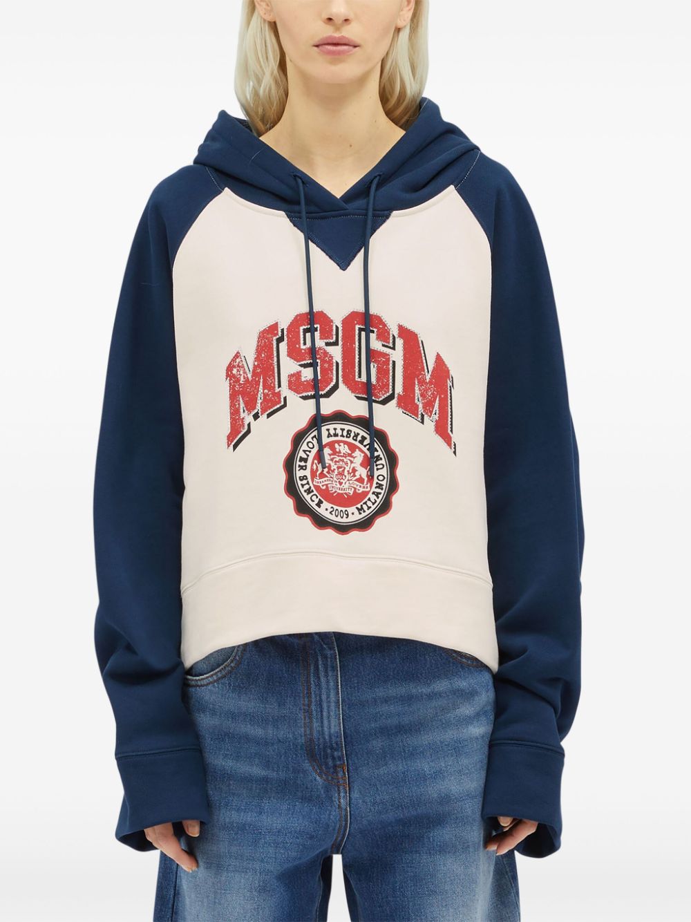 Shop Msgm Logo-print Panelled Hoodie In Nude