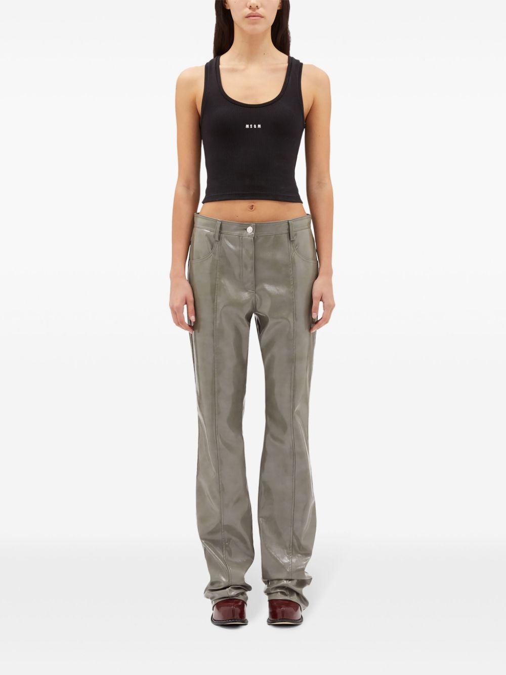 Shop Msgm Glossy-finish Straight-leg Trousers In Grey