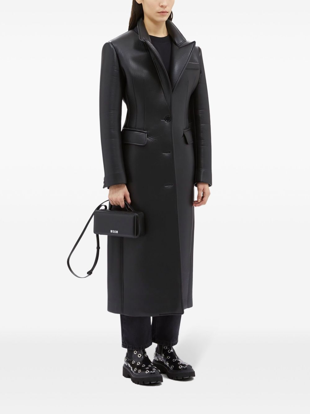 Shop Msgm Faux-leather Single-breasted Coat In Black