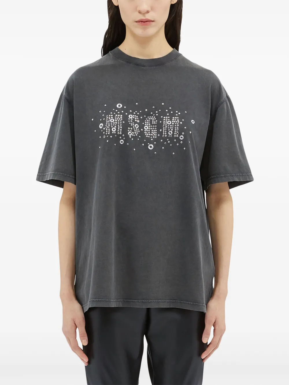 Msgm Studded-logo Faded T-shirt In Grey