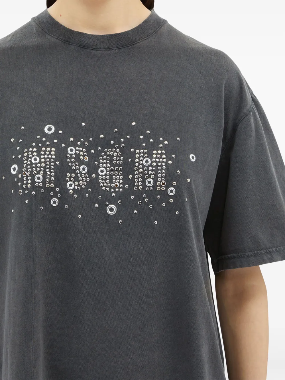 Msgm Studded-logo Faded T-shirt In Grey