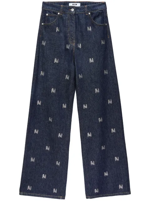 MSGM Calça jeans wide leg com logo de strass