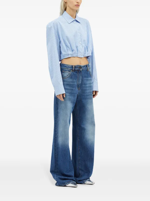 MSGM logo-embroidered Striped Cropped Shirt | Blue | FARFETCH