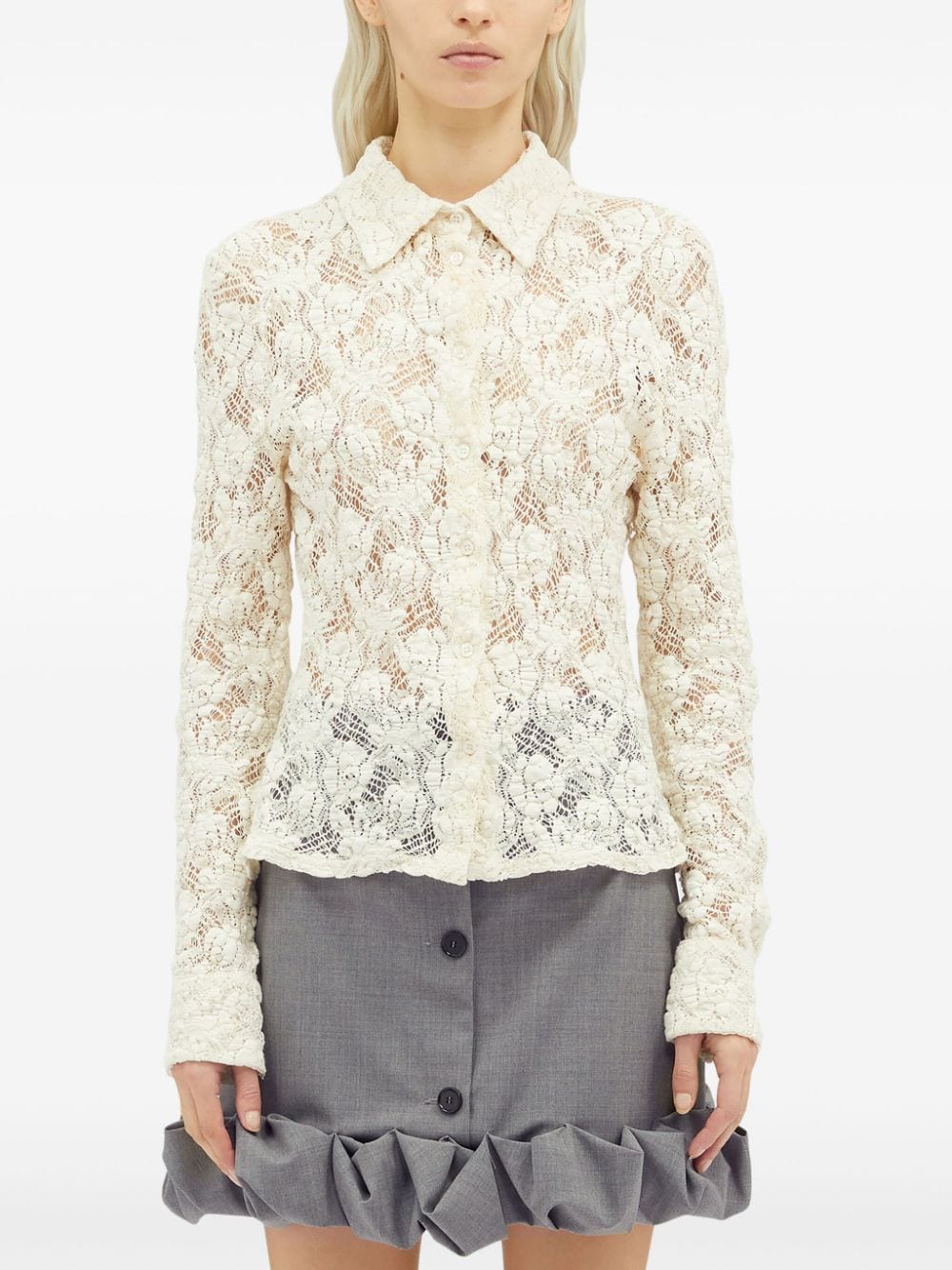 Shop Msgm Floral-lace Button-up Shirt In Nude