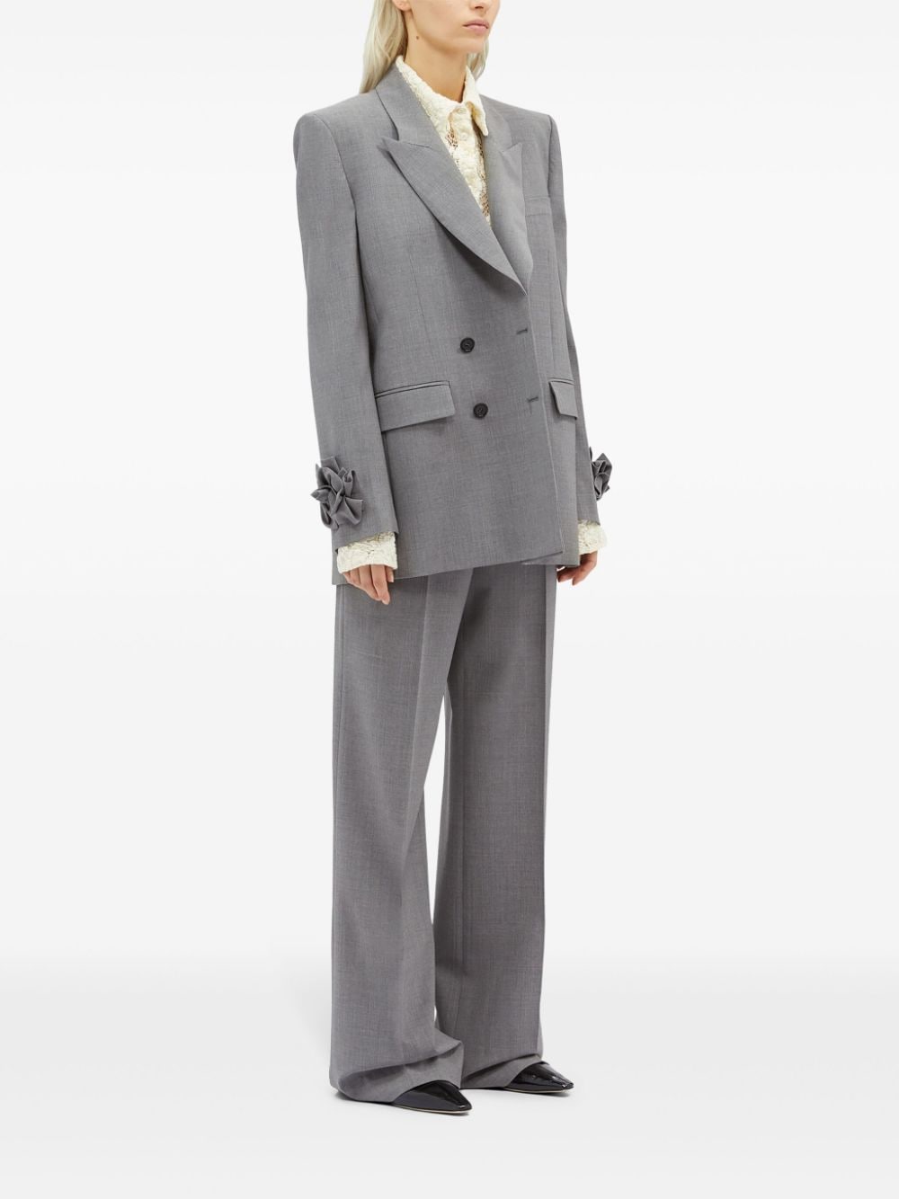 Shop Msgm Floral-appliqué Double-breasted Blazer In Grey