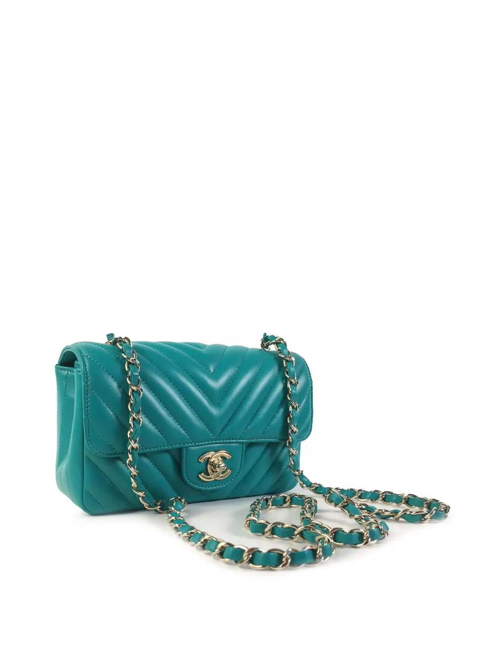 Pre-owned Chanel 2016-2017 Mini Chevron Quilted Lambskin Rectangular Flap Crossbody Bag In Green