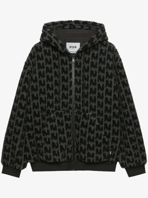 MSGM towelled finish logo-patterned zipped hoodie