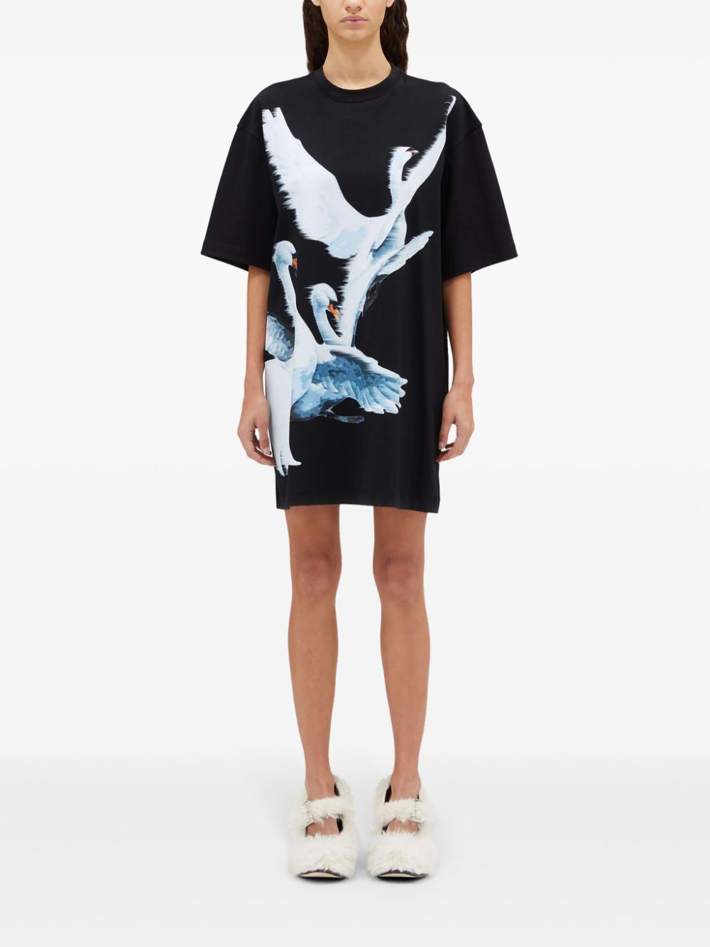 Shop Msgm Swan-print T-shirt Dress In Black