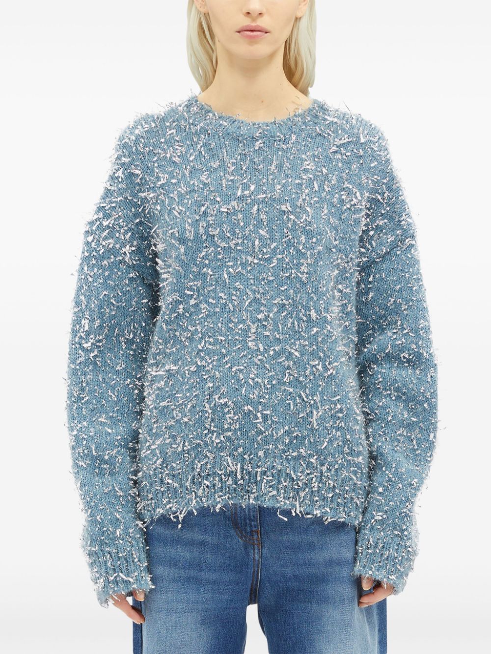 Shop Msgm Frayed-effect Crew-neck Jumper In Blue