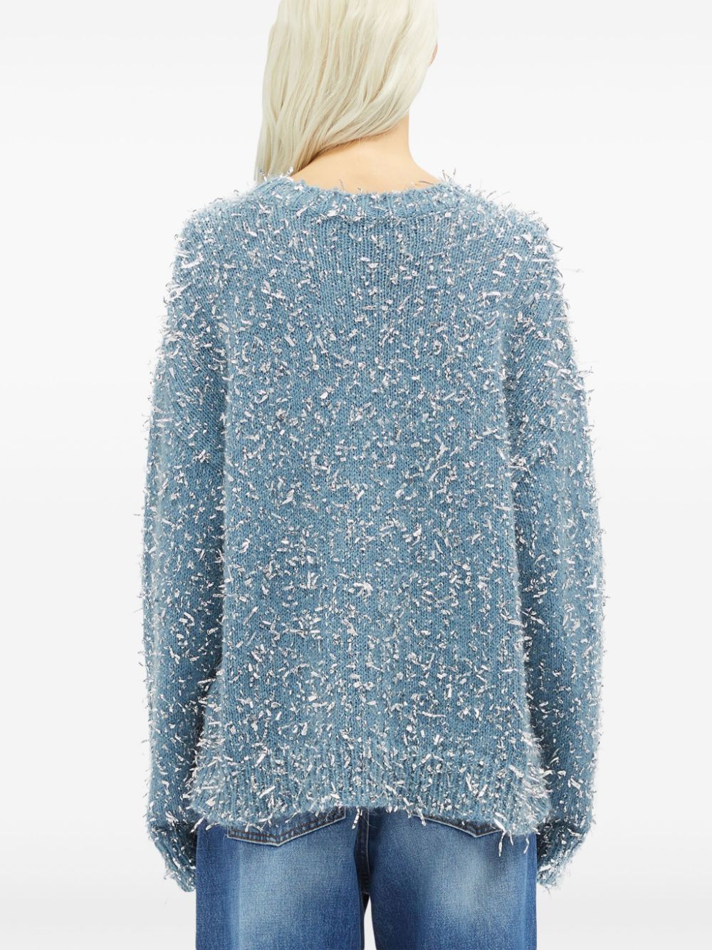 Shop Msgm Frayed-effect Crew-neck Jumper In Blue