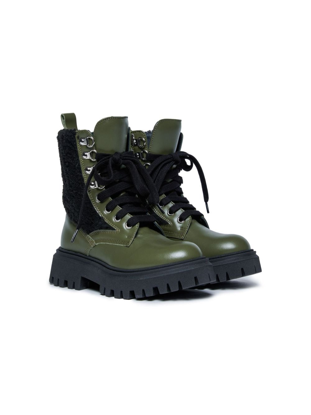 Marni Kids' Logo-print Lace-up Leather Boots In Green