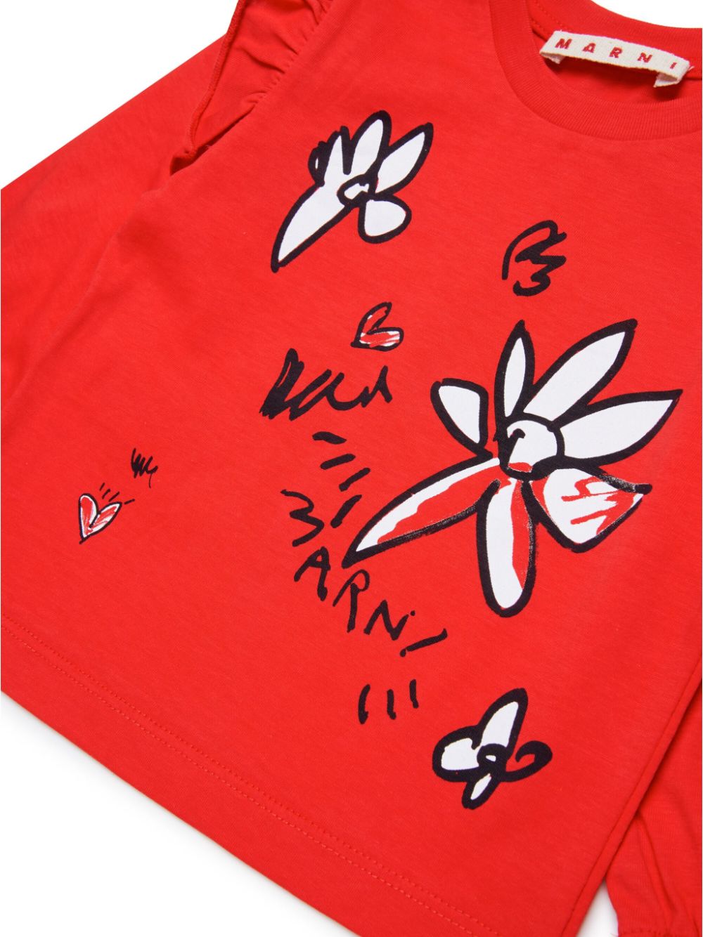 Shop Marni Ruffled Detailing Floral Print Long-sleeves T-shirt In Red