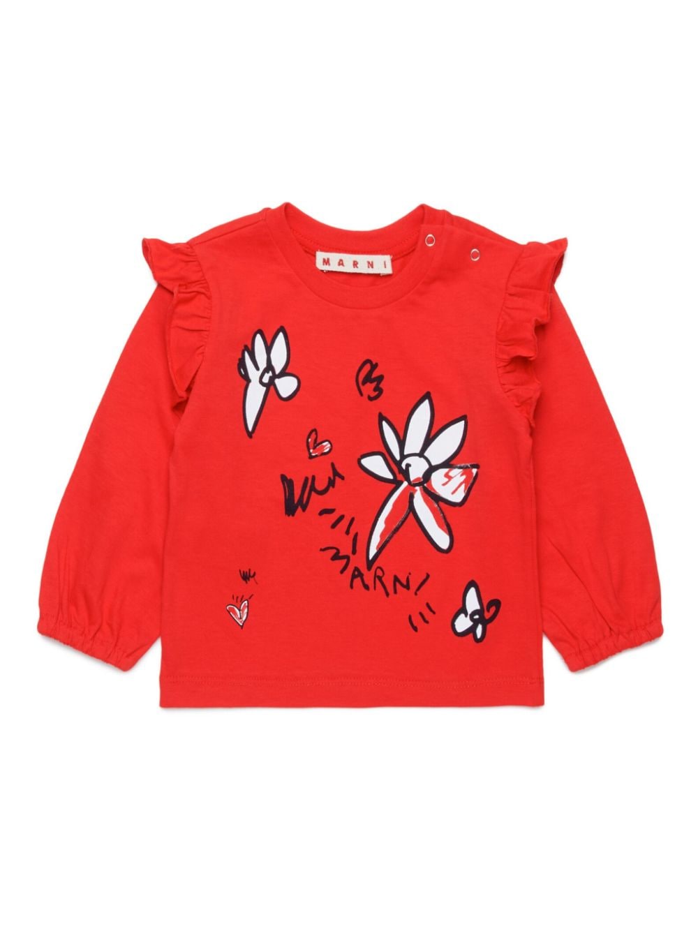 Shop Marni Ruffled Detailing Floral Print Long-sleeves T-shirt In Red