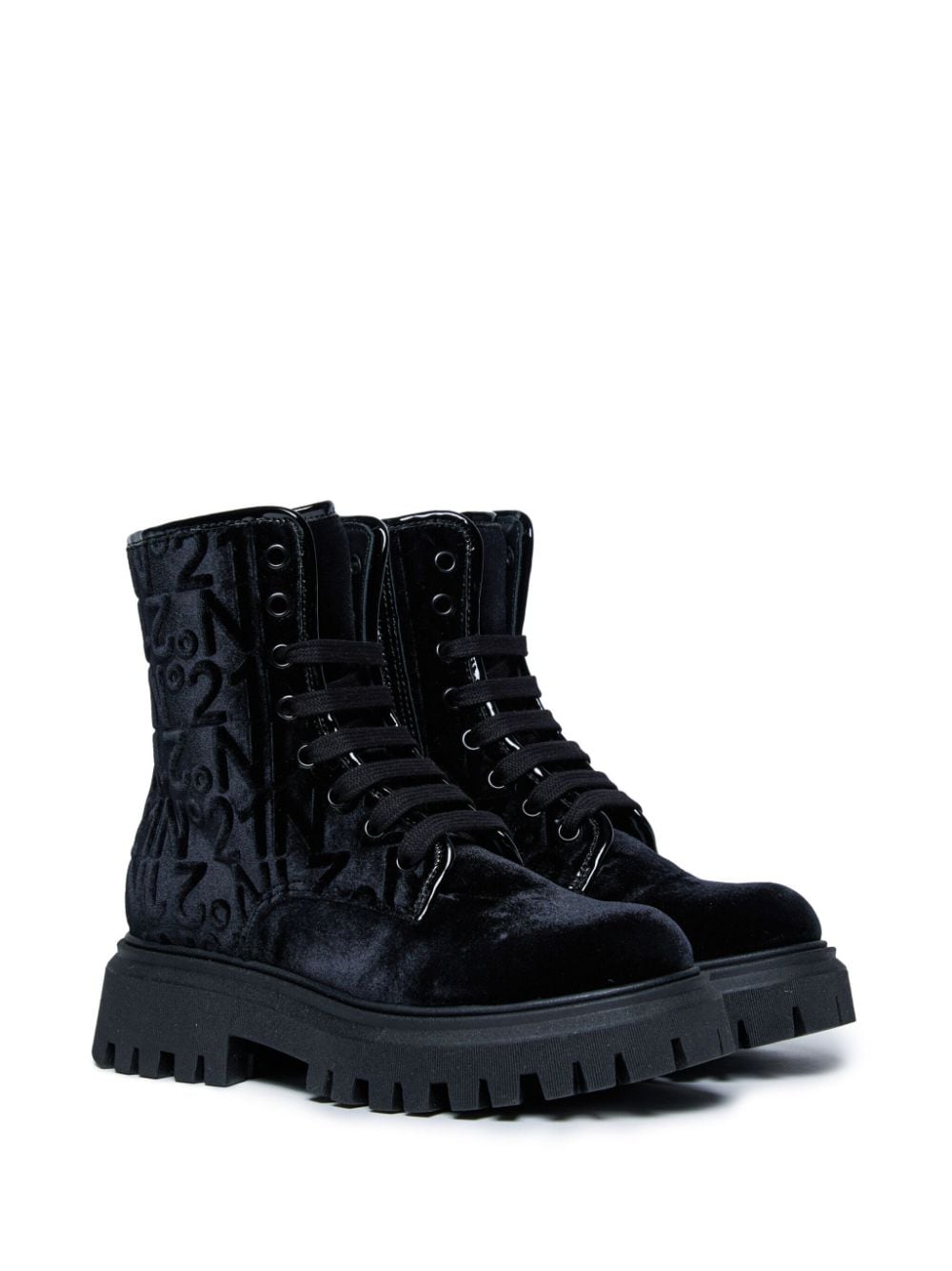 N°21 Kids' Logo-debossed Velvet Combat Boots In Black