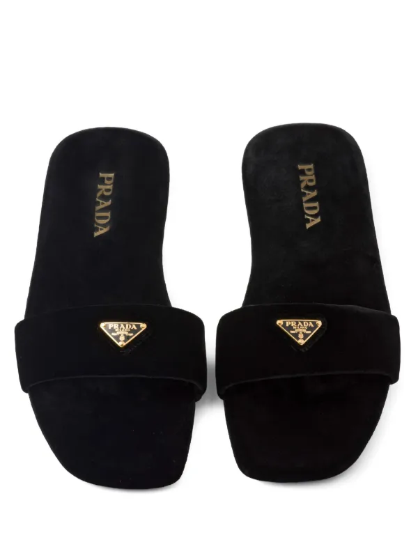 【関税&送料込み】Prada Triangle-Logo Velvet Slides Prada logo-appliqué Velvet Slides | Black | FARFETCH