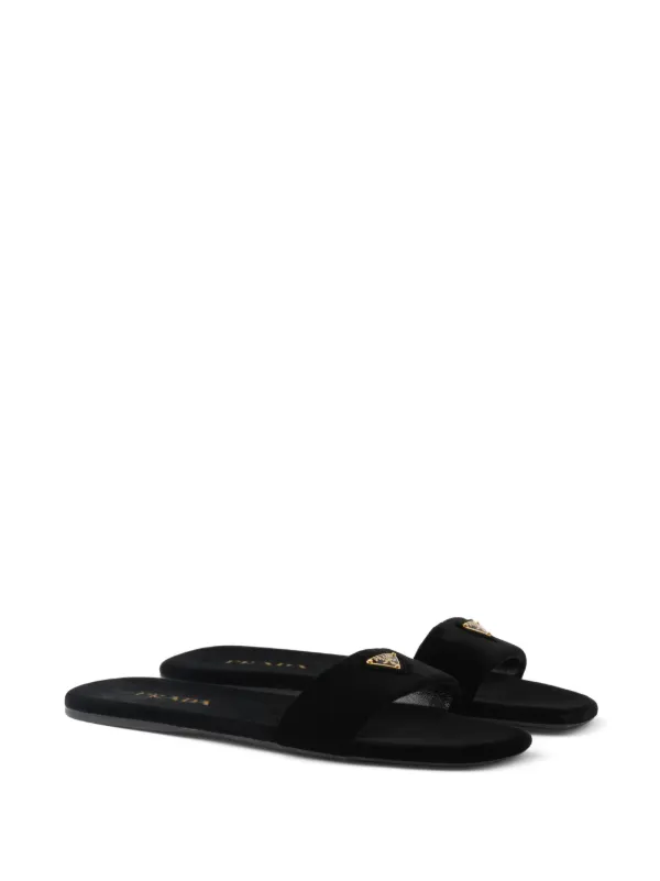 Prada logo-appliqué Velvet Slides | Black | FARFETCH